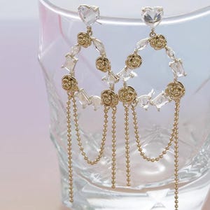 Pendientes de rosa, pendientes de corazón, pendientes de cristal, pendientes de aro florales, pendientes de cadena dorada, joyería de boda estilo princesa, regalo elegante para ella
