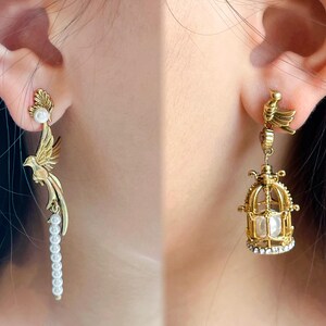 Vintage Birdcage Earrings, Brass and Pearl, Asymmetrical Design, Retro-Inspired Jewelry, Elegant and Stylish, High-Quality Brass, Two Colors, Unique Earrings, Special Occasions, Thoughtful Gift, Distinctive Accessories, Birdcage and Pearl Design