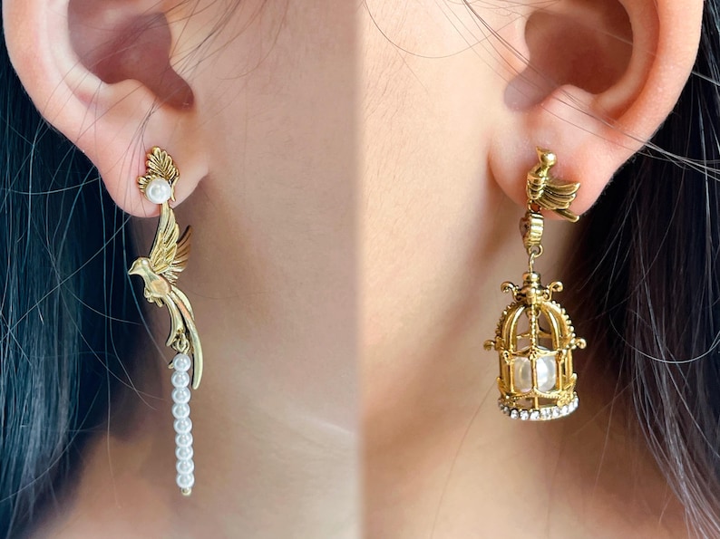 Vintage Birdcage Earrings, Brass and Pearl, Asymmetrical Design, Retro-Inspired Jewelry, Elegant and Stylish, High-Quality Brass, Two Colors, Unique Earrings, Special Occasions, Thoughtful Gift, Distinctive Accessories, Birdcage and Pearl Design