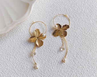 Gold Floral Hoop Earrings, Pearl Tassel Dangle, Vintage Bridal Jewelry, Spring Wedding Guest, Garden Party Style, Mother's Day Gift
