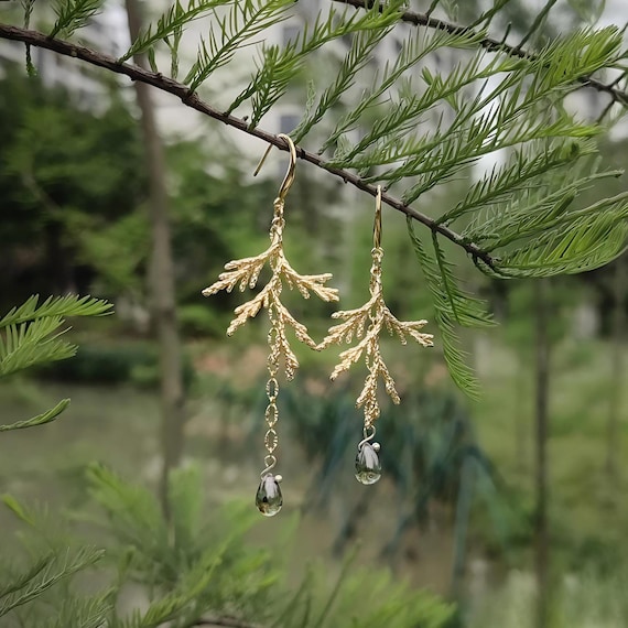 Asymmetrical Pine Branch Earrings, Gold Woodland Botanical Jewelry, Forest Dangle Earrings, Green Witch Cottagecore Spring Gift