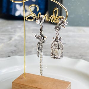 Vintage Birdcage Earrings, Brass and Pearl, Asymmetrical Design, Retro-Inspired Jewelry, Elegant and Stylish, High-Quality Brass, Two Colors, Unique Earrings, Special Occasions, Thoughtful Gift, Distinctive Accessories, Birdcage and Pearl Design