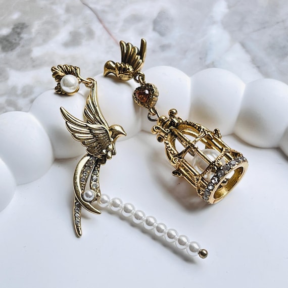 Asymmetrical Birdcage Earrings, Mismatched Pearl Drops, Regencycore Vintage Jewelry