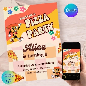 Pizza Party Invitation Kids Retro Pizza Birthday Invite Pizza Making Evite Editable Template Digital Download Printable