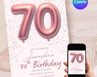 Rose Gold Balloon 70th Birthday Party Invitation, Editable Template Digital Evite