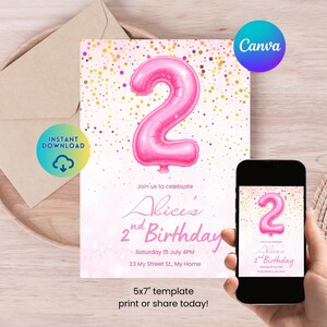 Faire-part de fête d'anniversaire de 2e anniversaire de filles ballon rose, carte d'invitation pastel scintillante modifiable, téléchargement numérique instantané imprimable