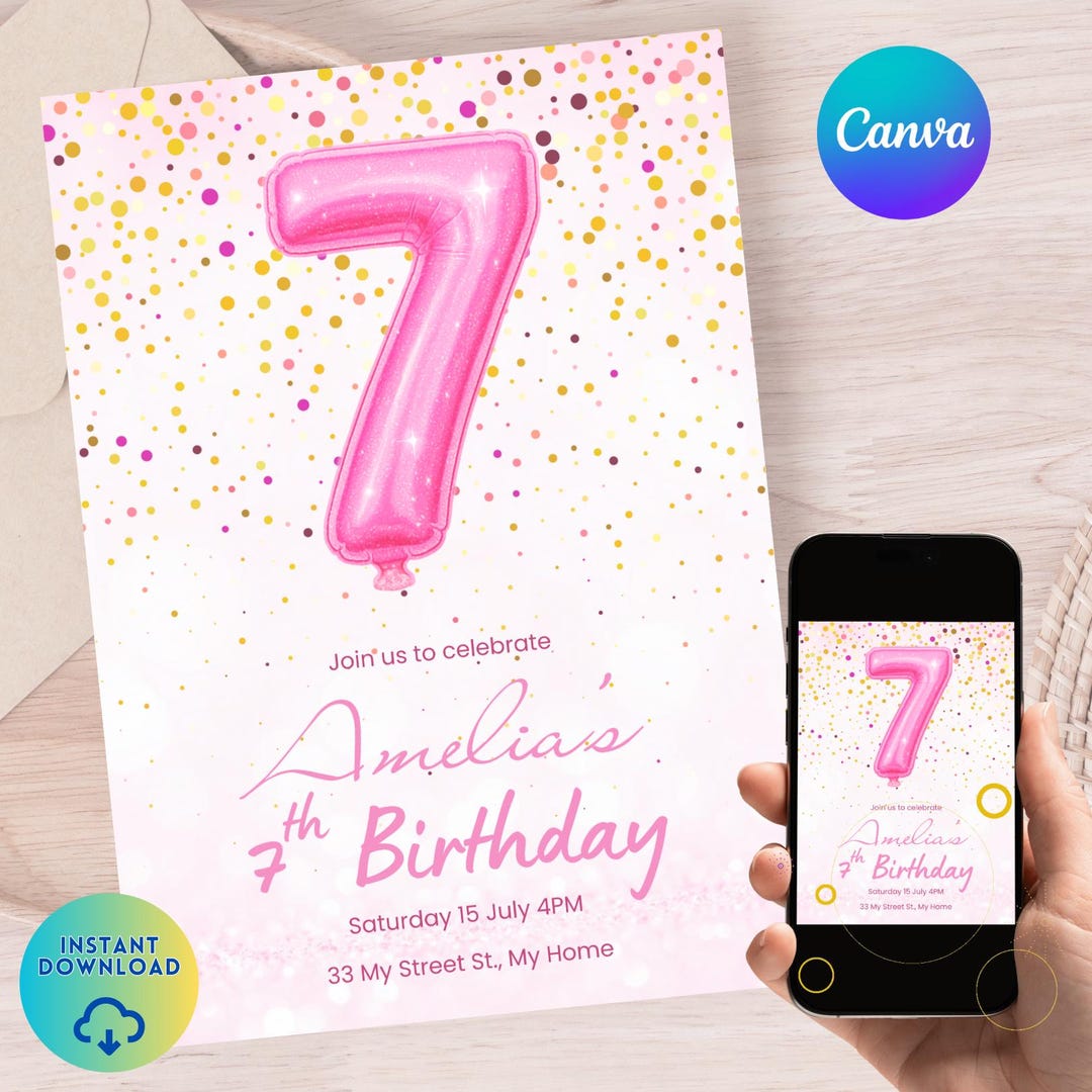 Girls 7th Birthday Party Invitation Glitter Foil Pastel Pink Balloon ...