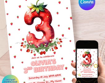 Strawberry 3rd Birthday Party Invitation Berry Sweet Birthday Party Strawberry Birthday Invite Editable Template Digital Evite