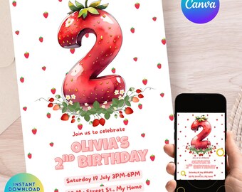 Strawberry Girl 2nd Birthday Party Invitation Berry Sweet Birthday Party Strawberry Birthday Invite Editable Template Digital Evite