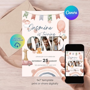 Editable 1st Birthday Baby Party Invitation Printable Card Canva Template Digital Instant Download for Boys and Girls