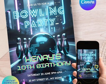 Op de afbeelding: Een uitnodiging voor een bowlingfeest met een neonontwerp. De uitnodiging toont een bowlingbal en kegels, met de tekst "Bowling Party" en "Henry's 10th Birthday". De uitnodiging wordt ook op een smartphone getoond.