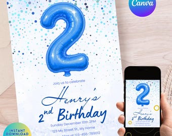 May include: A birthday invitation featuring a large blue number 2 balloon. The invitation reads "Henry's 2nd Birthday" with event details. A smartphone displays the same design. The Canva logo and an "Instant Download" icon are visible.
