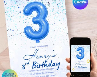 May include: A birthday invitation featuring a large blue number 3 balloon. The invitation includes the text "Henry's 3rd Birthday" and event details. A smartphone displays the same invitation. The design includes blue confetti and the Canva logo.