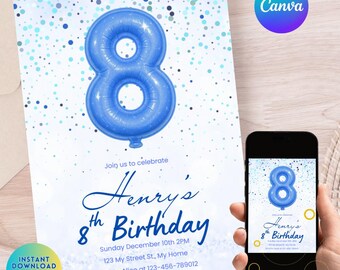 May include: A blue and white birthday invitation featuring a large blue number 8 balloon. The invitation reads "Henry's 8th Birthday" with event details. A smartphone displays the same design. The Canva logo is visible.