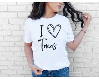Camisa de tacos de coração, camiseta de tacos, camiseta de tacos, camisa fofa de taco unissex, camiseta fofa engraçada I Love Tacos, presente de amante de taco, camiseta de terça-feira de taco