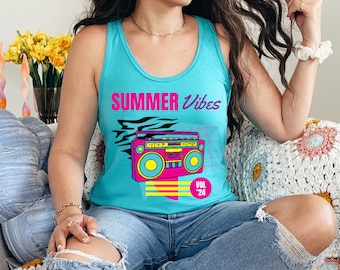 Vintage Summer Vibes Tank, Retro Summer Vibes Tank, Women 90s Summer Tank Top, Colorful Holiday Shirt, Cute Summer Tee