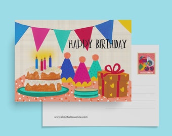 Happy Birthday Postcard I Vibrant colours and textures card I Birthday, Celebrations, Party Postcard, Cake Postcard, Let's Celebrate Card