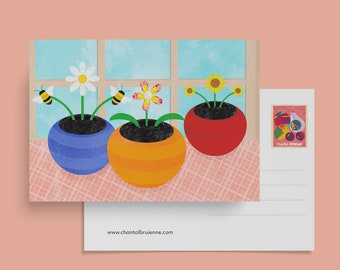 Dancing Flowers Postcard I Vibrant colours and textures card I Flowers, Bloom, Music Flowers card, Window and fun flowers postcard, Cheerful