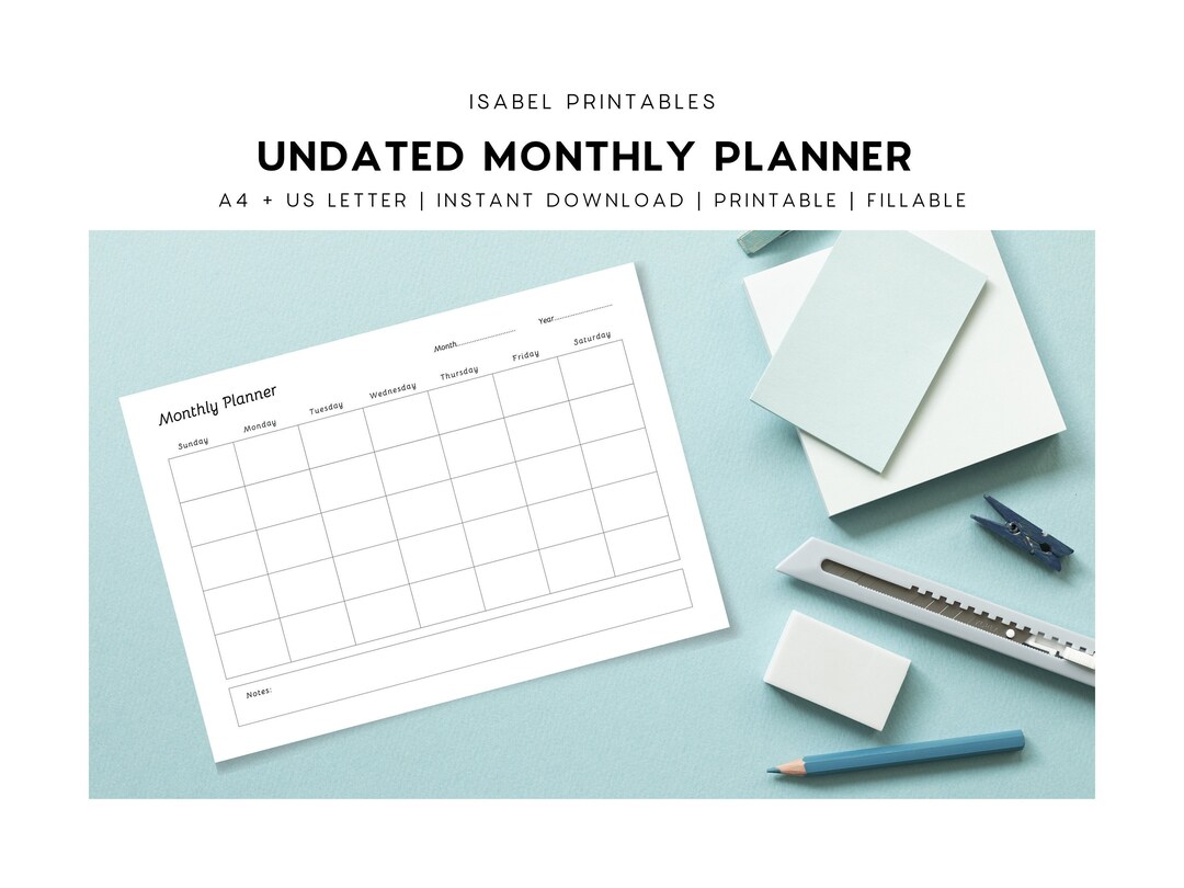 Undated Monthly Planner Printable Landscape, Instant Digital Download ...
