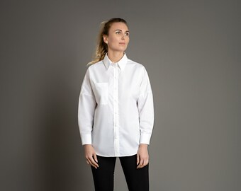 Women's Shirt oversized with Long sleeves, Office clothing, Basic, Minimalistic, White, Classic and Casual