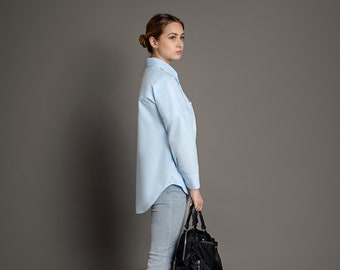 Women's Shirt oversized with Long sleeves, Office clothing, Basic, Minimalistic, Blue, Classic and Casual