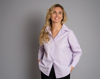 Chemise femme oversize à manches longues, vêtements de bureau, basique, minimaliste, violet, classique et décontracté