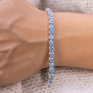 925 Sterling Silver Evil Eye Bracelet For Women, Blue Eye Protection Bracelet, Turkish Nazar Bracelet, Minimalist Third Eye Bracelet
