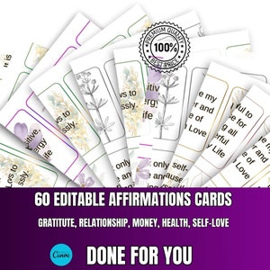 Tarjetas de afirmaciones, Afirmaciones de dinero, Afirmaciones imprimibles, Editable, Amor propio, Relación, Plantilla de lienzo, Gratitud, Hecho para usted