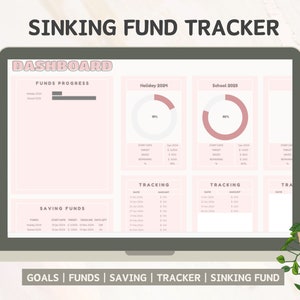 May include: A digital sinking fund tracker displayed on a laptop screen. The dashboard features pink and white sections for tracking savings progress, with text that reads "SINKING FUND TRACKER" and "DASHBOARD". Decorative plants frame the laptop.
