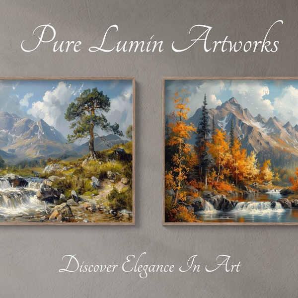 Eternal Highlands: Majestic Mountain and River Landscapes, Landscape Wall Art, Digital Download, Art Decor, Rustic Wall Art, Mountain Art