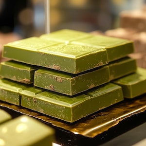May include: A stack of green chocolate bars on a gold tray. The chocolate bars are arranged in a pyramid shape.