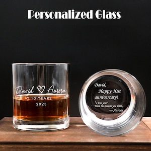 10th Anniversary Gift, Engraved Whiskey Glass with Custom text, Etched Bourbon Scotch Glass,Personalized Anniversary Gift, Gifts for Husband