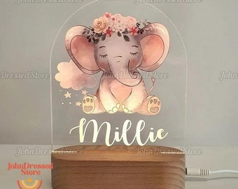 Personalised Elephant Night Light, Custom Name Nursery Night Light, Pink Baby Elephant Cloud, Birthday Gift, New Born Gift