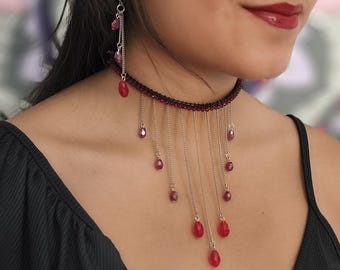 Gothic necklace with dangling crystals. Black choker with beads and chains. Gothic necklace and earrings set. Red crystal choker.