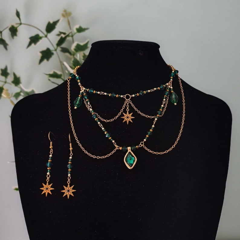 Fairycore crystal necklace. Fairy choker. Gold grunge necklace. Fantasy jewelry. Aesthetic necklace. Handmade jewelry. image 5