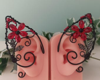 Black elven ears. Elven ear cuffs. Fairy earrings. Black elven flower earrings. Cosplay jewelry. Metal elven ears.