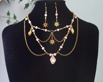 Fairycore-Kristallkette. Feen-Choker. Goldene Sternenkette. Fantasieschmuck. Ästhetische Kette. Handgefertigter Schmuck.