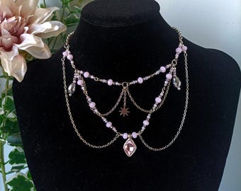 Fairycore crystal necklace. Fairy choker. Pink grunge necklace. Fantasy jewelry. Aesthetic necklace. Handmade jewelry.