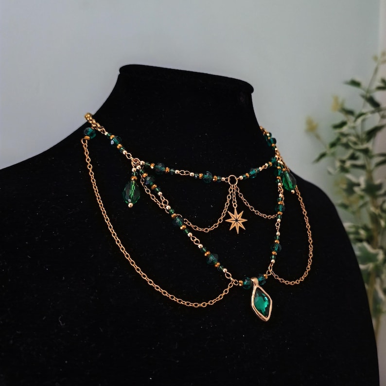 Fairycore crystal necklace. Fairy choker. Gold grunge necklace. Fantasy jewelry. Aesthetic necklace. Handmade jewelry. image 10