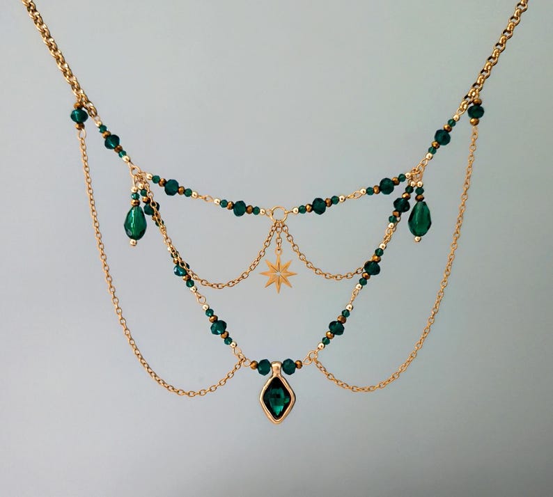 Fairycore crystal necklace. Fairy choker. Gold grunge necklace. Fantasy jewelry. Aesthetic necklace. Handmade jewelry. image 12