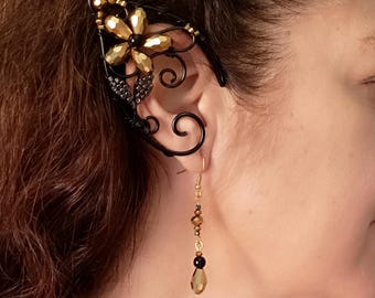 Floral black elf ears. Gothic wire ears. Dark fairy earrings. Forest witch costume ears. Cosplay jewelry.