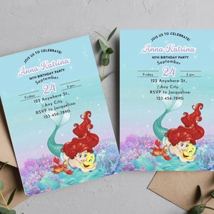 Faire-part de la petite sirène, anniversaire de filles, modèle d'invitation numérique, modèle d'invitation d'anniversaire modifiable, téléchargement immédiat, toile