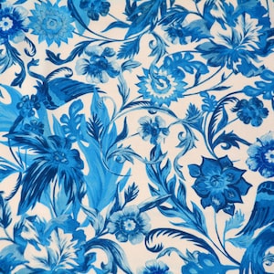 White and blue floral porcelain crepe fabric, Mediterranean Sicilian style