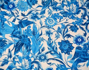 White and blue floral porcelain crepe fabric, Mediterranean Sicilian style