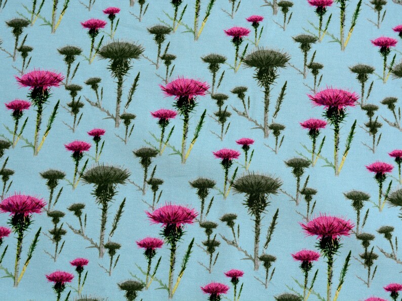 Puede incluir: Patr&oacute;n repetitivo de cardos sobre un fondo azul claro. Los cardos tienen flores rosas vibrantes y capullos y tallos espinosos de color verde oscuro. Ilustraci&oacute;n bot&aacute;nica para tela o papel pintado.