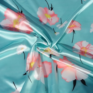 Floral satin fabric, Print charmeuse fabric with pink flower in light blue