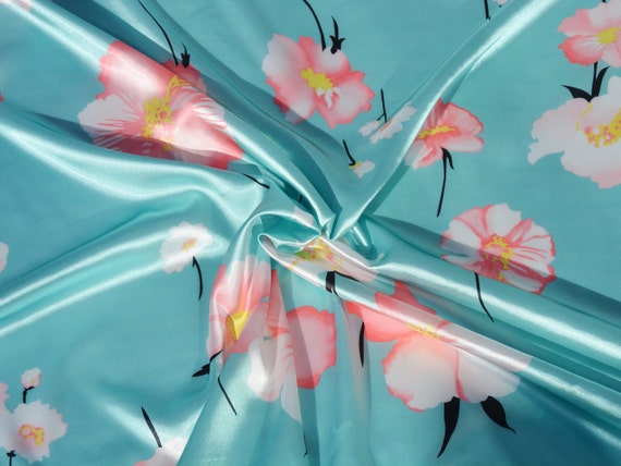 Floral satin fabric, Print charmeuse fabric with pink flower in light blue