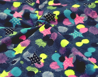 Neon polka dot, stars print cotton jersey knit fabric by the half yard