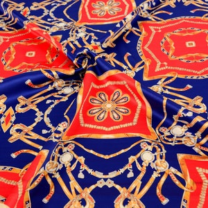 Royal Blue Printed Satin Fabric, Geometric Baroque style
