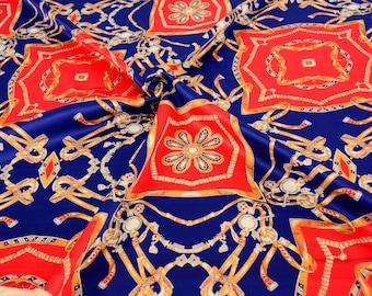 Royal Blue Printed Satin Fabric, Geometric Baroque style